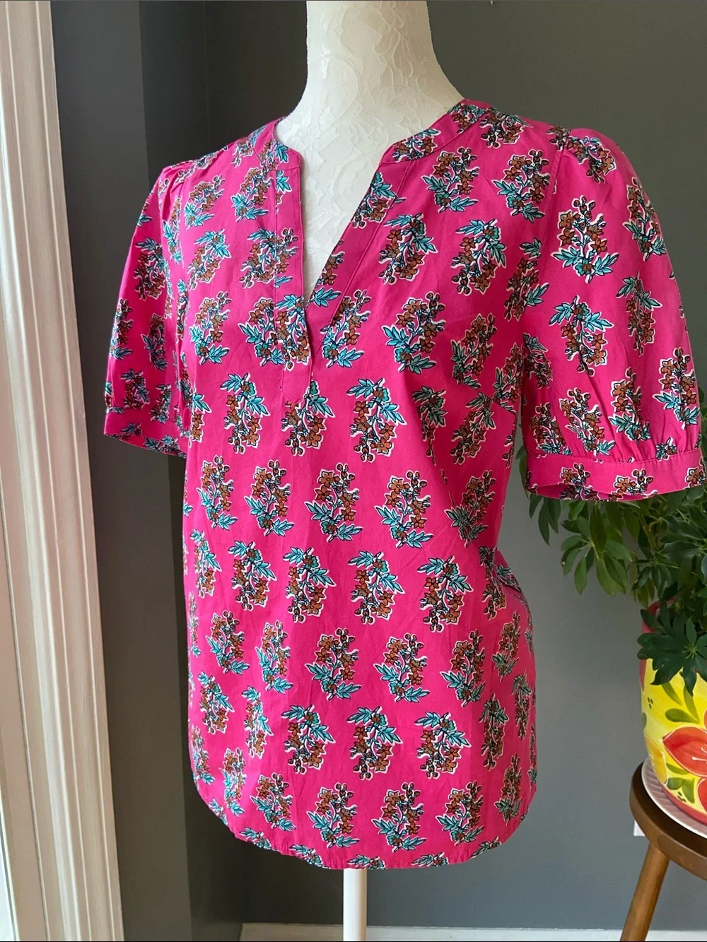 J. Crew Vibrant Pink Floral Split-V Neck Blouse
